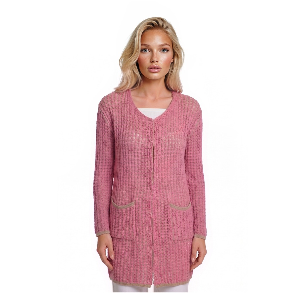 Pookie & Sebastian Crochet Cardigan Sweater Womens Size Small Pink Open Longline